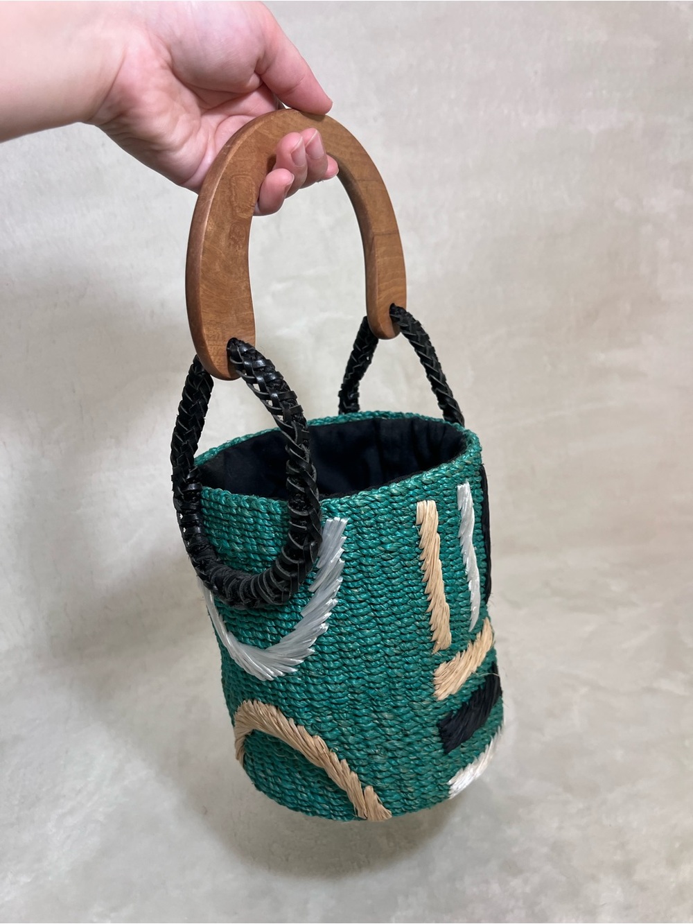 ARANAZ Mini Bucket Bag Woven Raffia Wood Handle Teal Handmade
